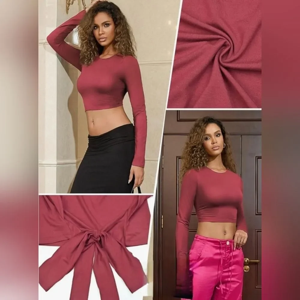 ☔️🩵⏭️NWT Burgundy Open Back Crop Long Sleeve Top Medium
